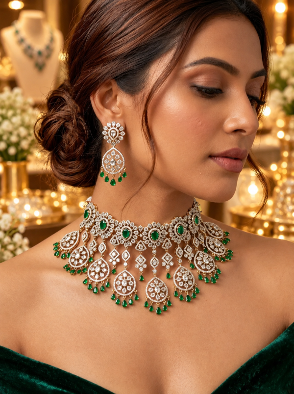 Royal Victorian AD Green Stone Choker Necklace with Earrings Bridal Statement Jewellery Set