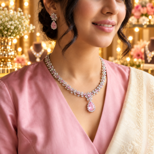 Silver CZ Necklace Set with Pink Teardrop Stones | Silver-Plated Indian Jewellery | Elegant Indian Necklace Set With Matching Earrings