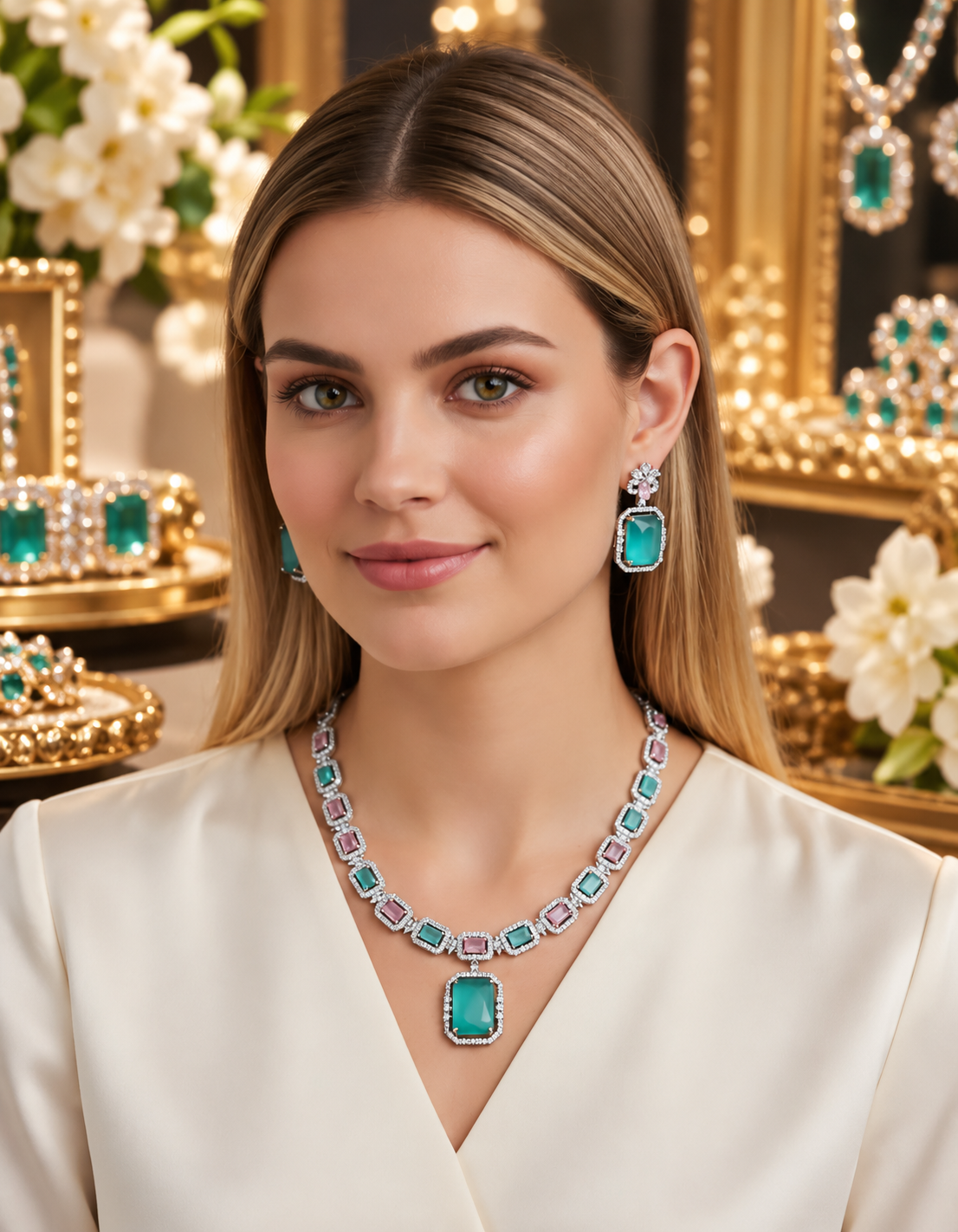 Dual-Tone Green & Pink Stone Diamond Necklace Set with Earrings | Indian Jewellery | Stone Diamond Jewellery | Indian Necklace Set