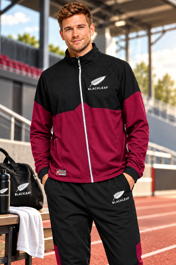 BLACKLEAF Premium Sports Tracksuit for Men – Stylish, Comfortable & Performance-Ready BLACKLEAF Premium Tracksuit – Style Meets Performance Upgrade your athletic wardrobe with the BLACKLEAF Premium Tracksuit, designed for the perfect blend of style, comfort, and performance. Featuring a modern black-and-burgundy color combination, a sleek stand collar, a smooth front zipper, and signature logo detailing, it delivers a sporty and stylish look. Lightweight, comfortable, and versatile, it’s ideal for workouts, outdoor activities, travel, and everyday casual wear.