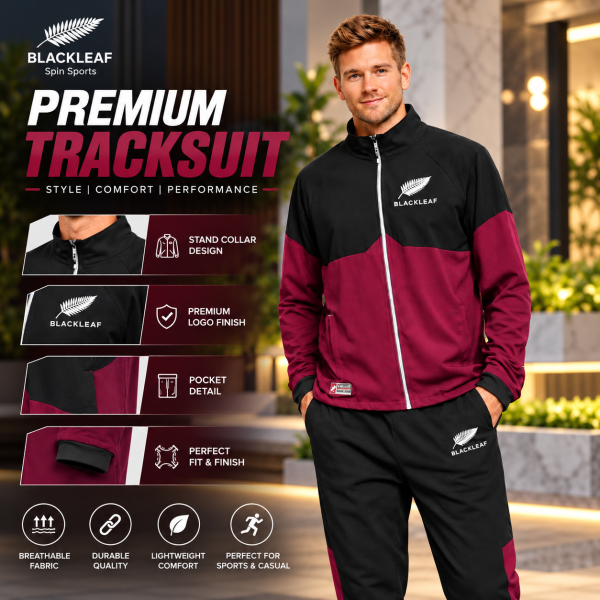 BLACKLEAF Premium Sports Tracksuit for Men – Stylish, Comfortable & Performance-Ready BLACKLEAF Premium Tracksuit – Style Meets Performance Upgrade your athletic wardrobe with the BLACKLEAF Premium Tracksuit, designed for the perfect blend of style, comfort, and performance. Featuring a modern black-and-burgundy color combination, a sleek stand collar, a smooth front zipper, and signature logo detailing, it delivers a sporty and stylish look. Lightweight, comfortable, and versatile, it’s ideal for workouts, outdoor activities, travel, and everyday casual wear.