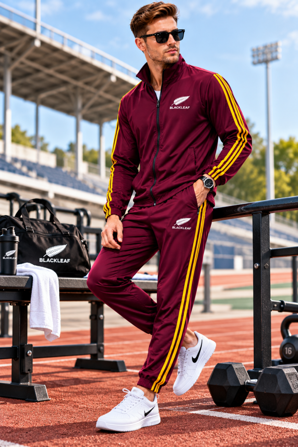 BLACKLEAF Premium Sports Tracksuit for Men – Stylish, Comfortable & Performance-Ready BLACKLEAF Premium Tracksuit – Style Meets Performance Upgrade your athletic wardrobe with the BLACKLEAF Premium Tracksuit, designed for the perfect blend of style, comfort, and performance. Featuring a modern black-and-burgundy color combination, a sleek stand collar, a smooth front zipper, and signature logo detailing, it delivers a sporty and stylish look. Lightweight, comfortable, and versatile, it’s ideal for workouts, outdoor activities, travel, and everyday casual wear.